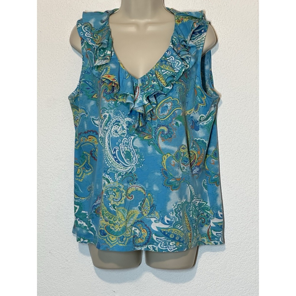 Lauren Ralph Lauren Womens Plus Sz 1X Blue Paisley Ruffle V Neck Knit Tank Top